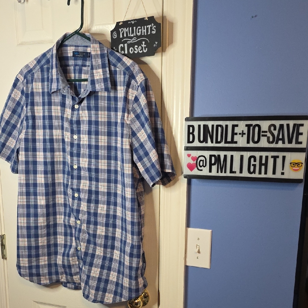 Nautica Blue Plaid Shirt White Orange XL Short Sleeve Button Up